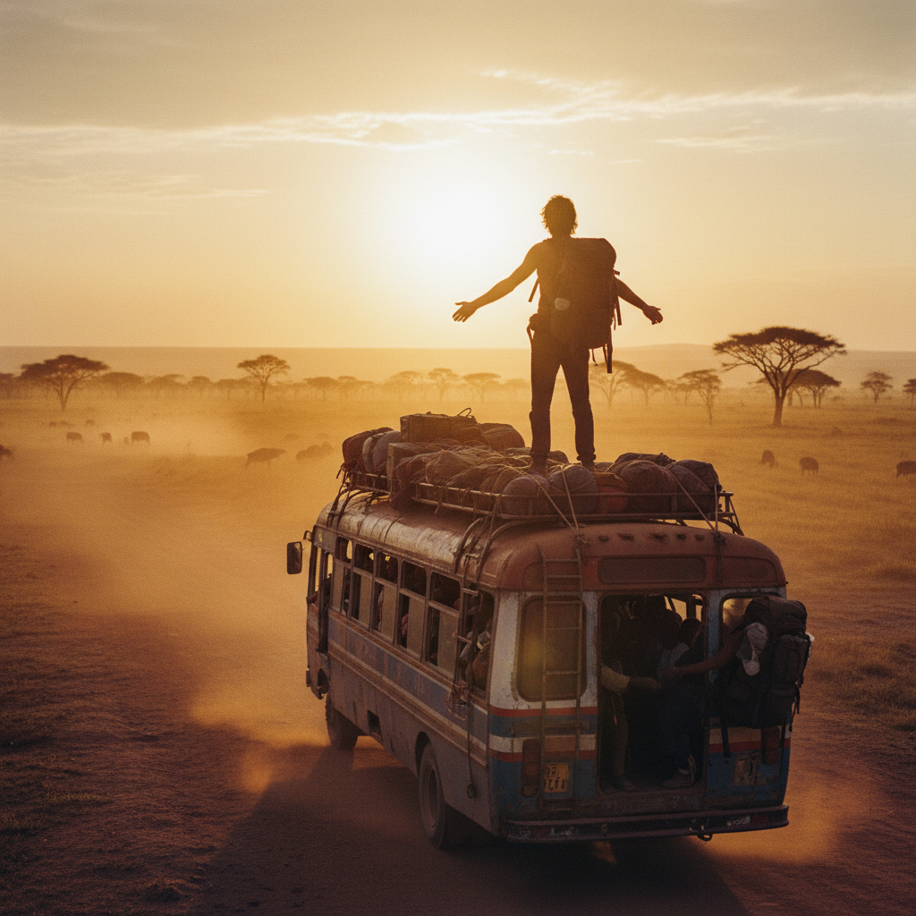 Traveler silhouetted against golden-hour Serengeti horizon, backpack slung low, standing on roof rack of crowded local bus with dust in amber light