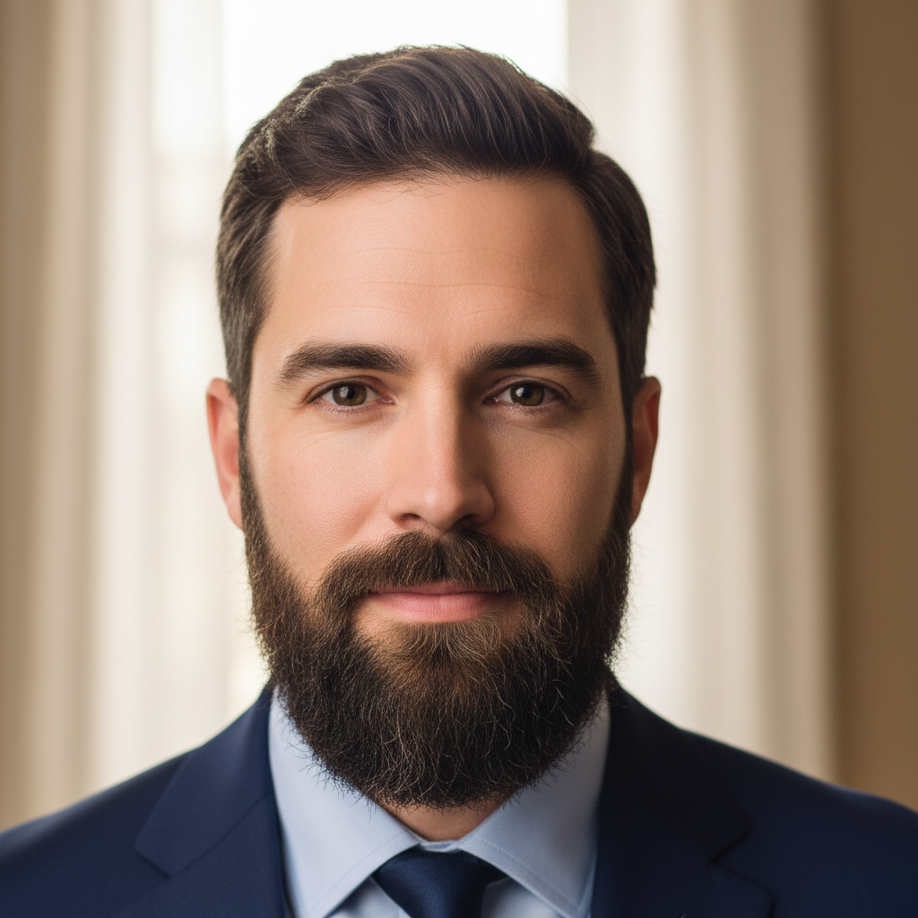 Professional man with beard, direct eye contact, minimal background