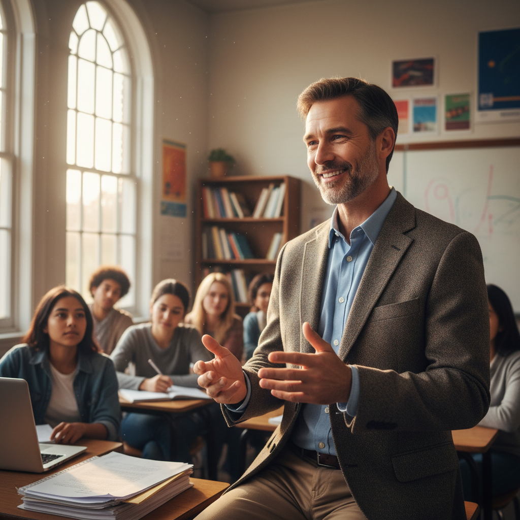Young male teacher smiling warmly outdoors with natural light, dressed in smart casual clothing