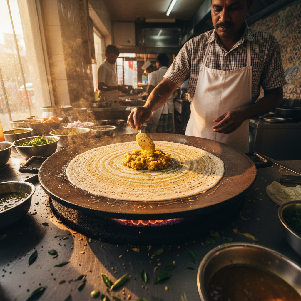Onion Rawa Masala Dosa — Semolina dosa with onion masala, Indian café food photography with warm colours and appetising presentation