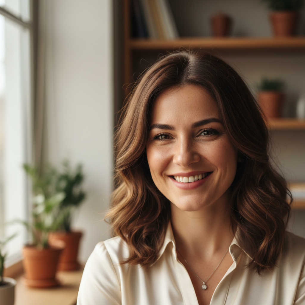Woman with short dark hair in professional setting, warm indoor lighting