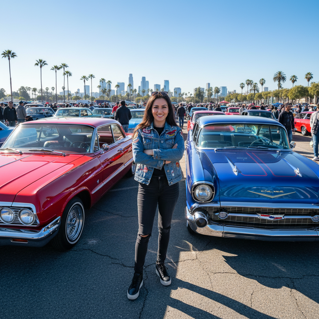 Renée Castellanos, lowrider show competitor, photographed at a car show event