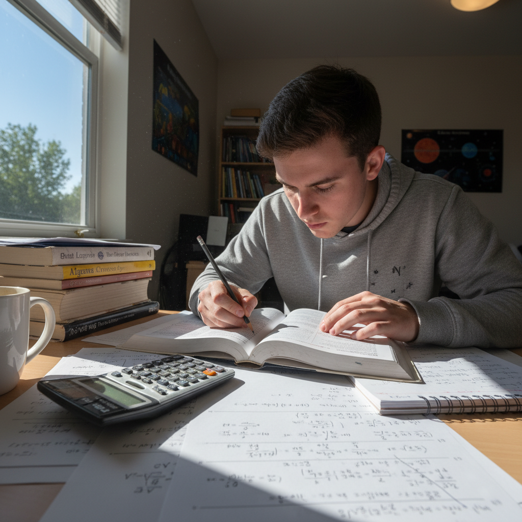 Student studying with books and calculator