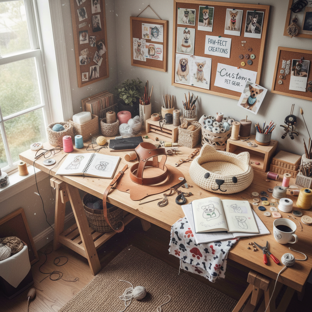 Workspace with craft supplies and partially completed custom pet accessories