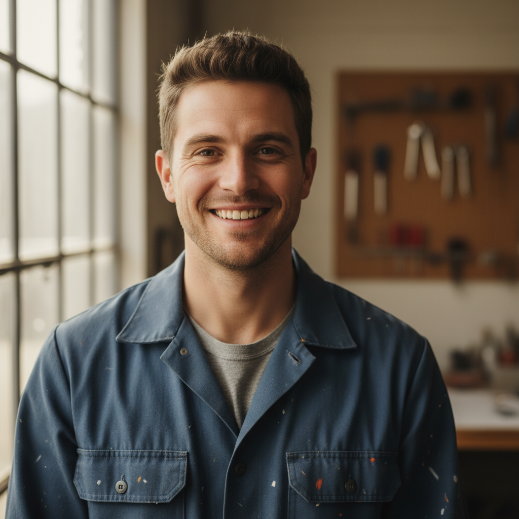 Dillon Runningwater, a young man in his late twenties, smiling confidently in work clothes