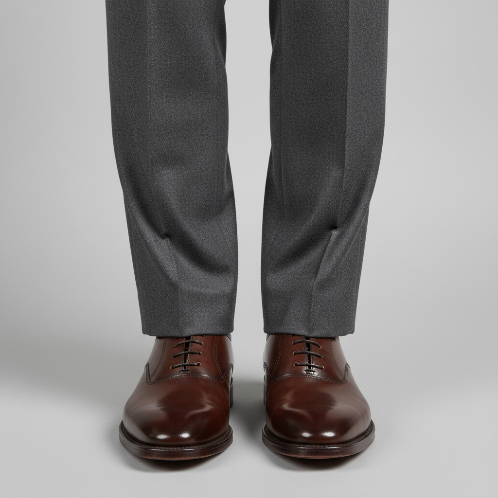 Perfectly tailored trouser hem breaking precisely over polished oxford shoe
