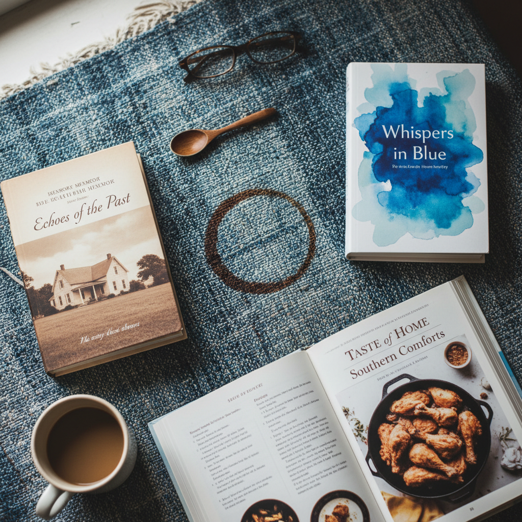 A memoir, poetry collection, and cookbook arranged on woven indigo textile with a coffee ring stain on the fabric