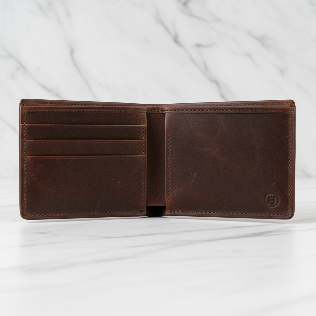 Slim tan leather bifold wallet on white marble, bright natural light