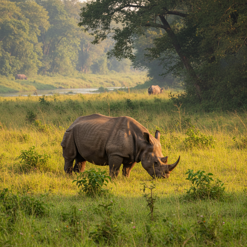 Jaldapara National Park with one-horned rhino grazing in grassland