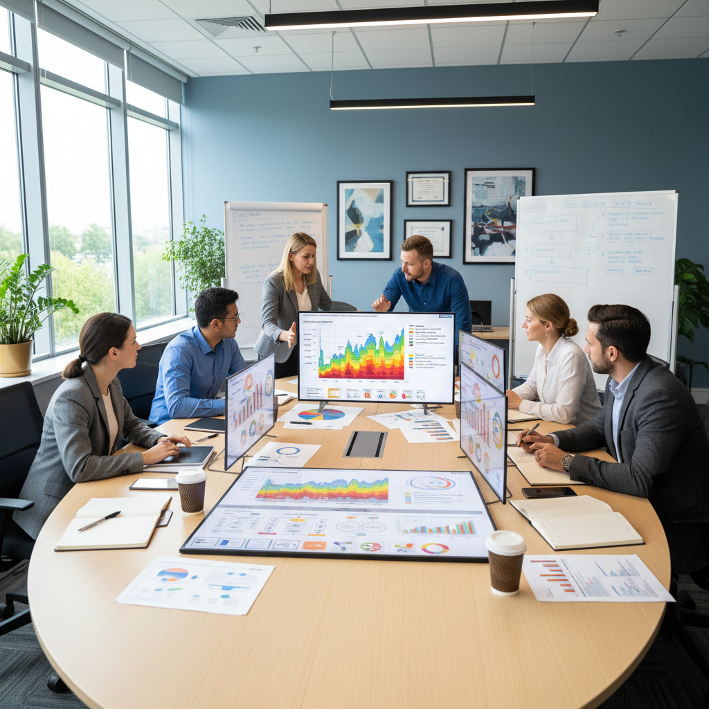 Risk management team conducting ESG risk assessment workshop with heat maps and scenario planning tools