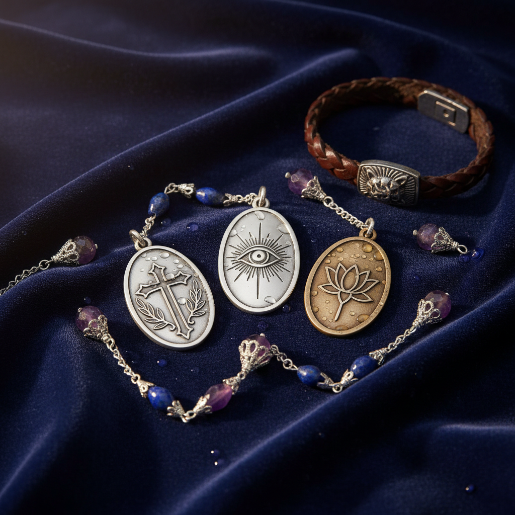 Sacred devotional accessories set close-up showing blessed pendants and adornments