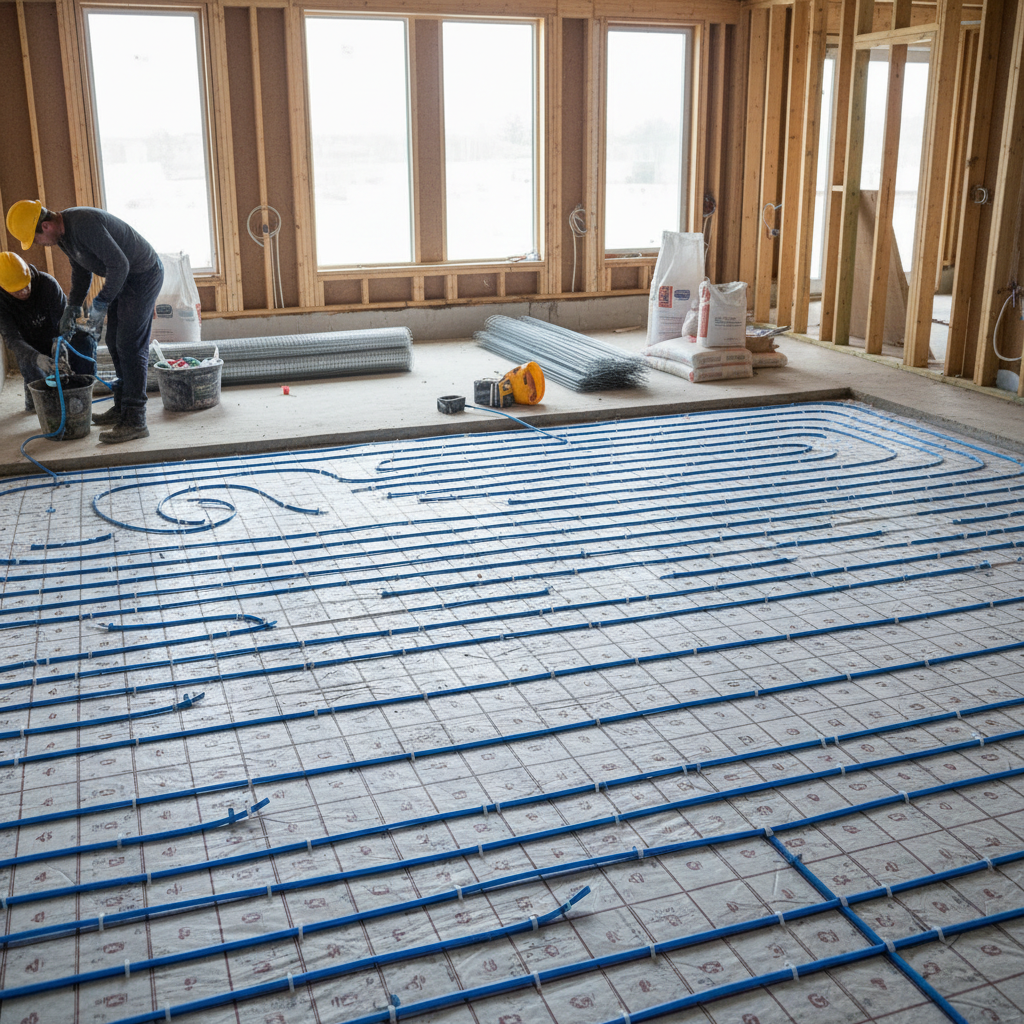 Radiant floor heating pipes installed in concrete slab, coiled orange pipes, bright workshop, clean installation
