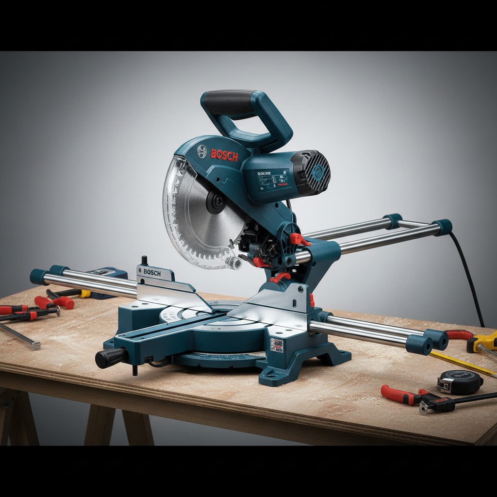 Red Bosch miter saw on workshop table with sawdust