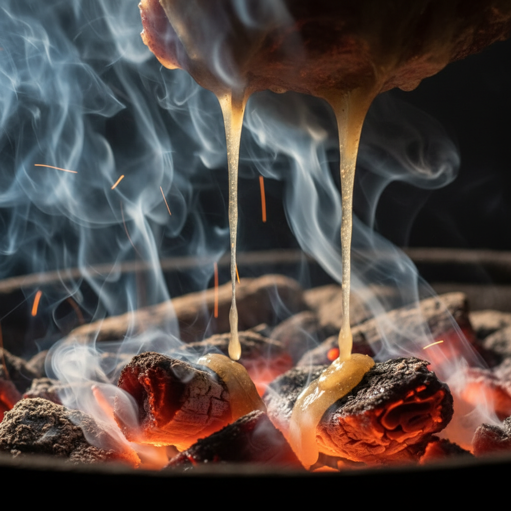 Fat rendering and dripping onto hot coals creating smoke plume
