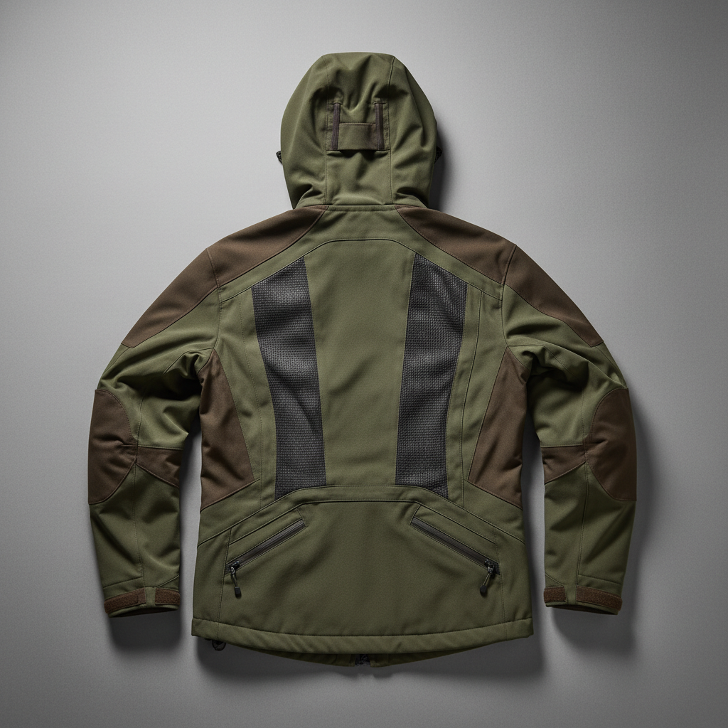 Shell jacket back view showing hood and ventilation zips