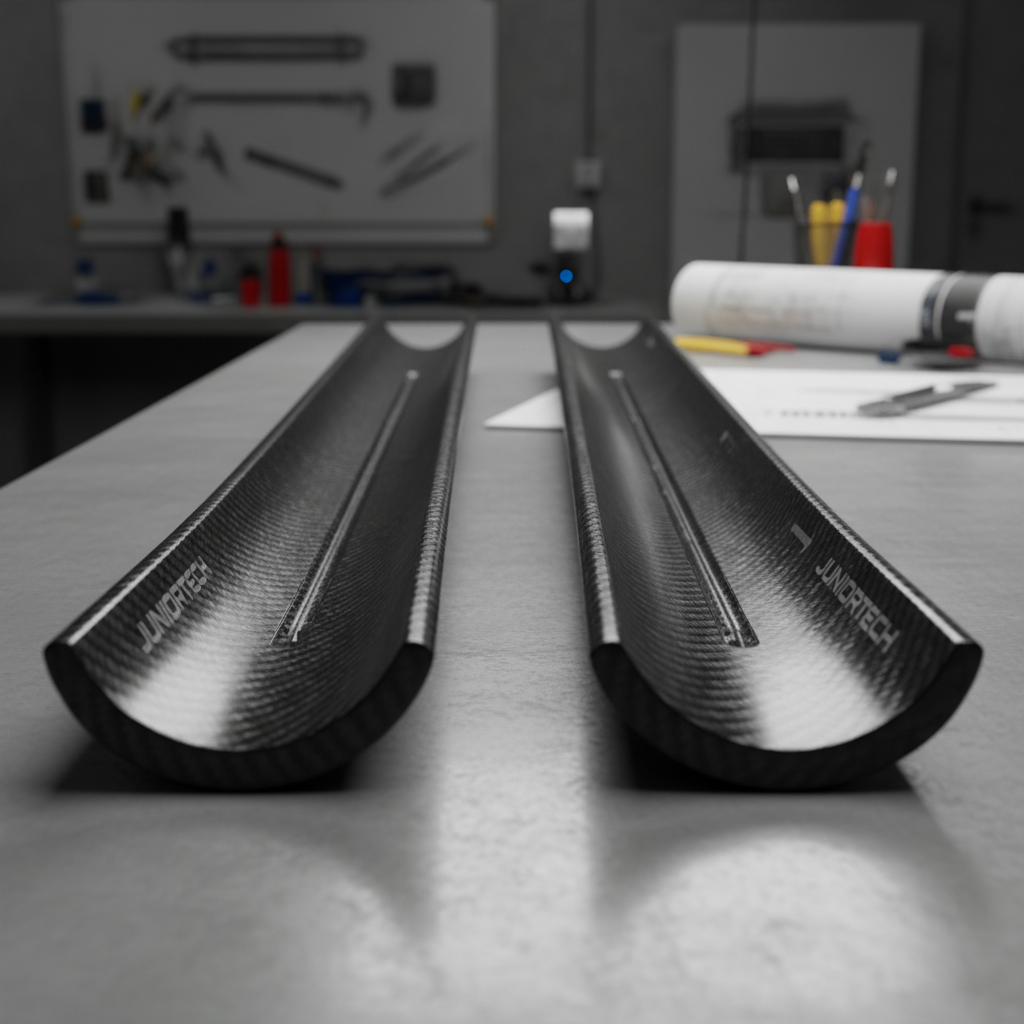 Junior development bobsled runners with wider rocker profile, carbon fiber construction on workshop bench