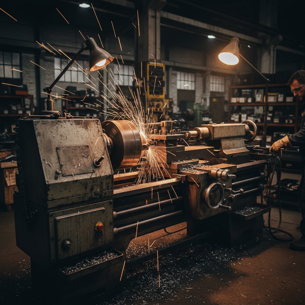 Industrial CNC metalworking machine in a factory, dark steel environment, precision machining, low-key industrial lighting with deep shadows