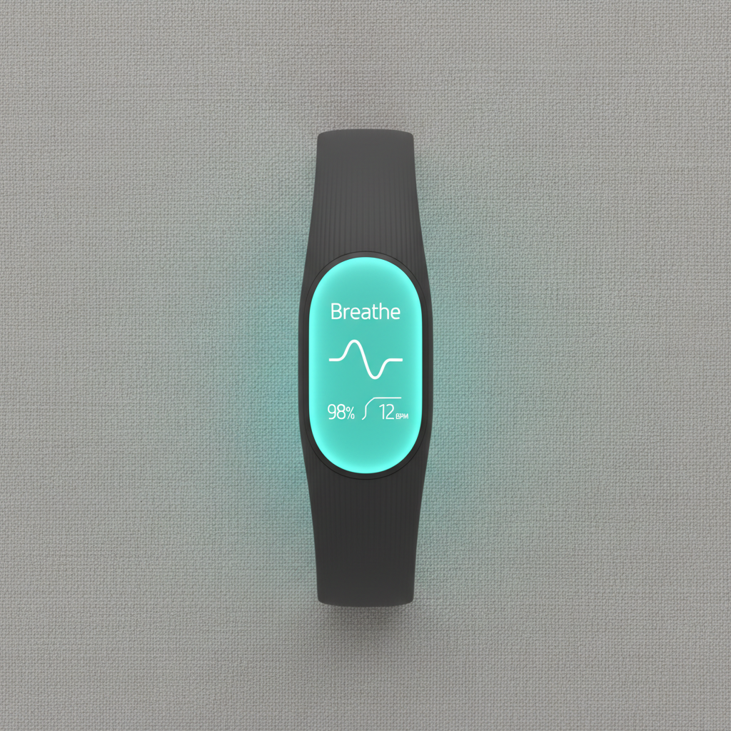 BreatheMonitor wrist band worn on wrist showing teal sensor display