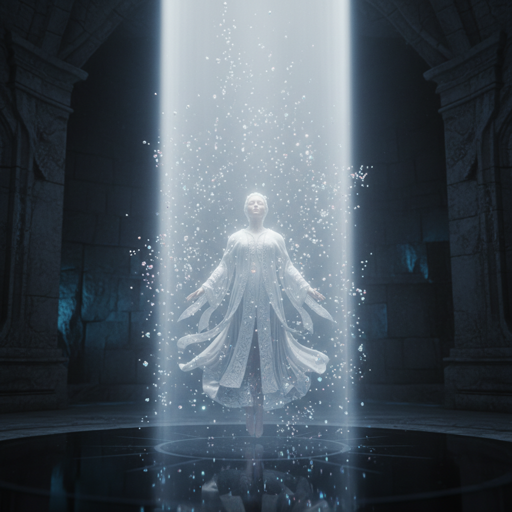 Character frozen in volumetric shaft of light, particles suspended mid-air, camera mid-dolly