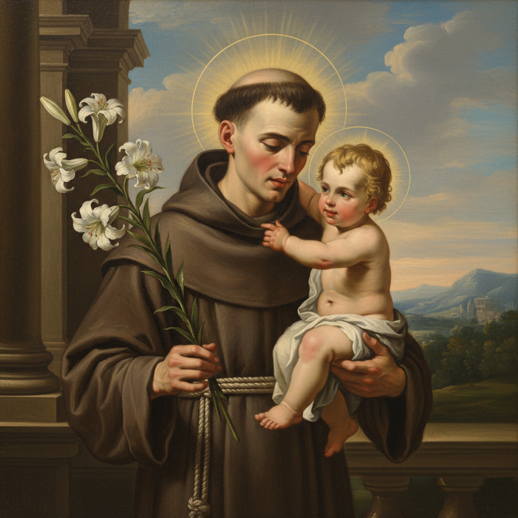 St. Anthony of Padua in Franciscan robes holding infant Jesus