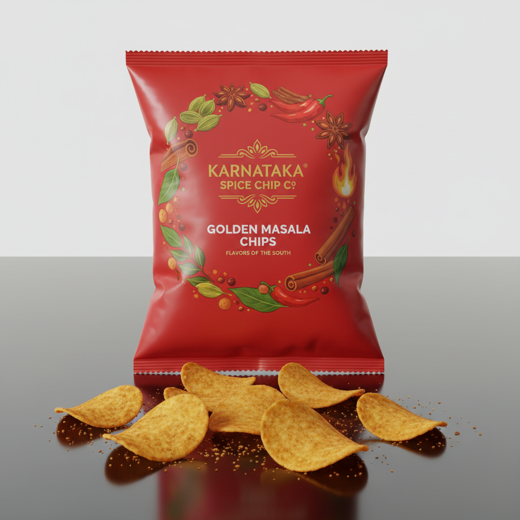 Kerala banana chips and spiced cashews in branded kraft paper boxes on white surface