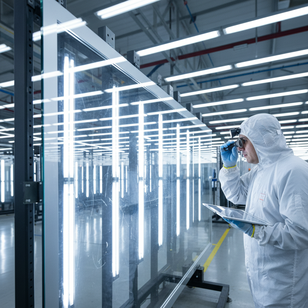 Industrial glass panel being inspected under fluorescent light in fabrication facility