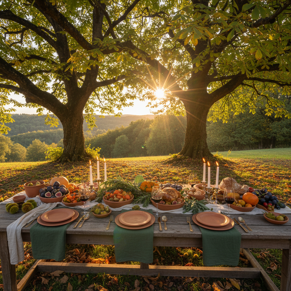 Outdoor candlelit harvest dinner in a Tuscany vineyard at golden hour