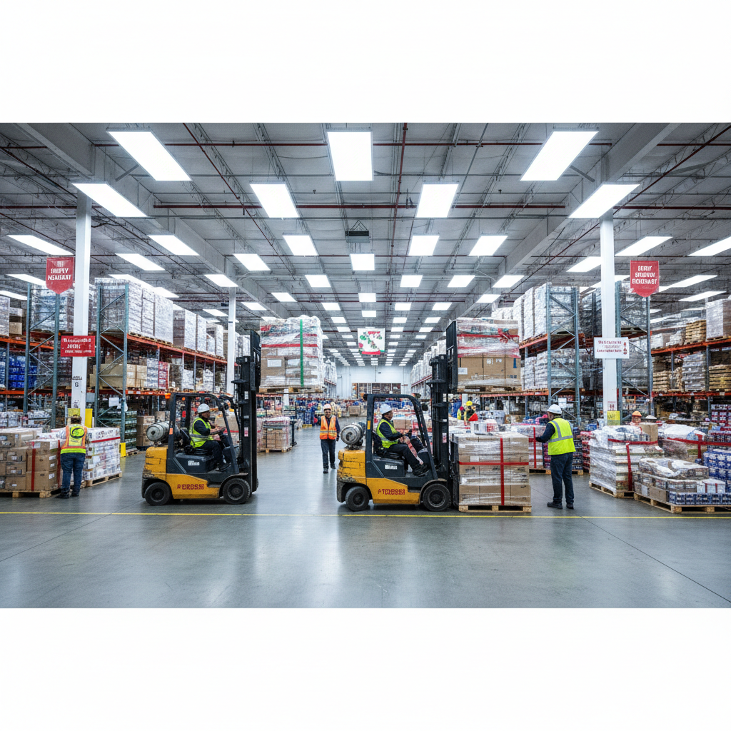 Warehouse workers operating forklifts in a busy fulfillment center during holiday season