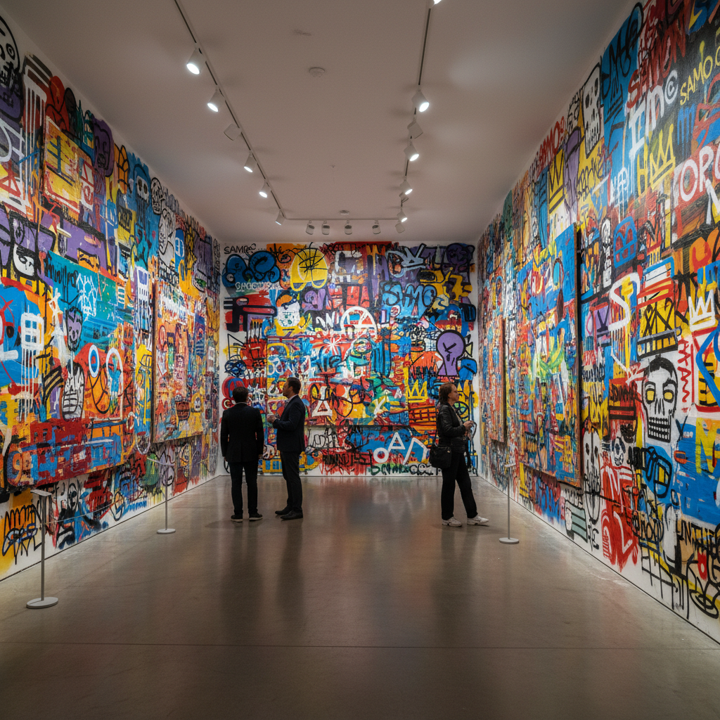 Farbenfrohe Street-Art-Werke von Jean-Michel Basquiat in einer Galerie