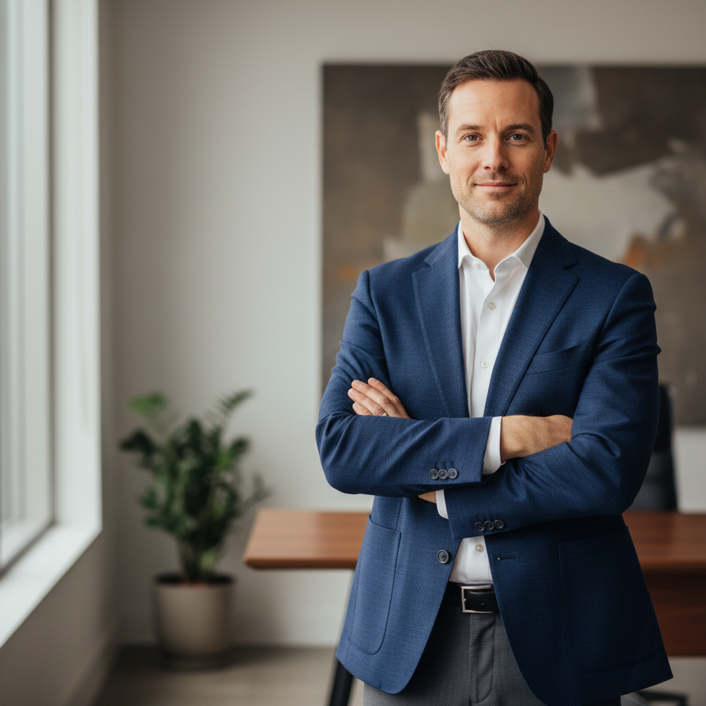 Alejandro, a man in his thirties in work clothes, smiling warmly with arms crossed