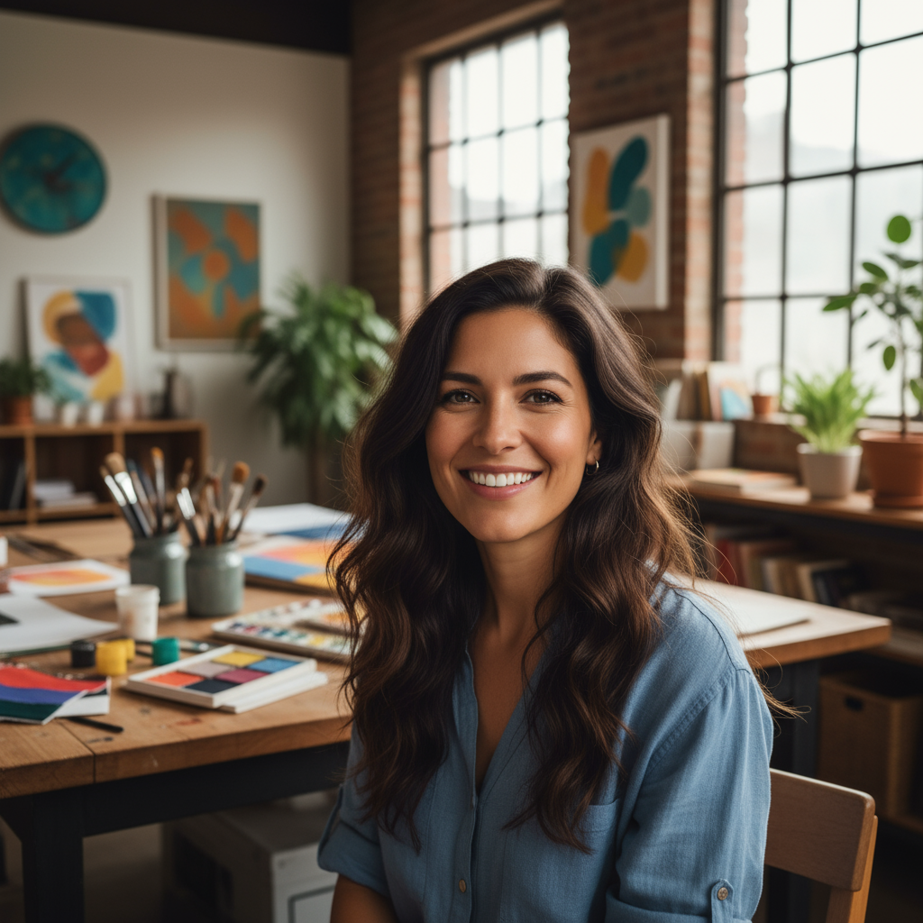 Camille Torres, creator, laughing at camera, casual creative workspace