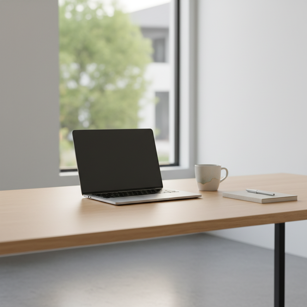 Clean minimal web design on laptop, bright airy office, well-lit open environment