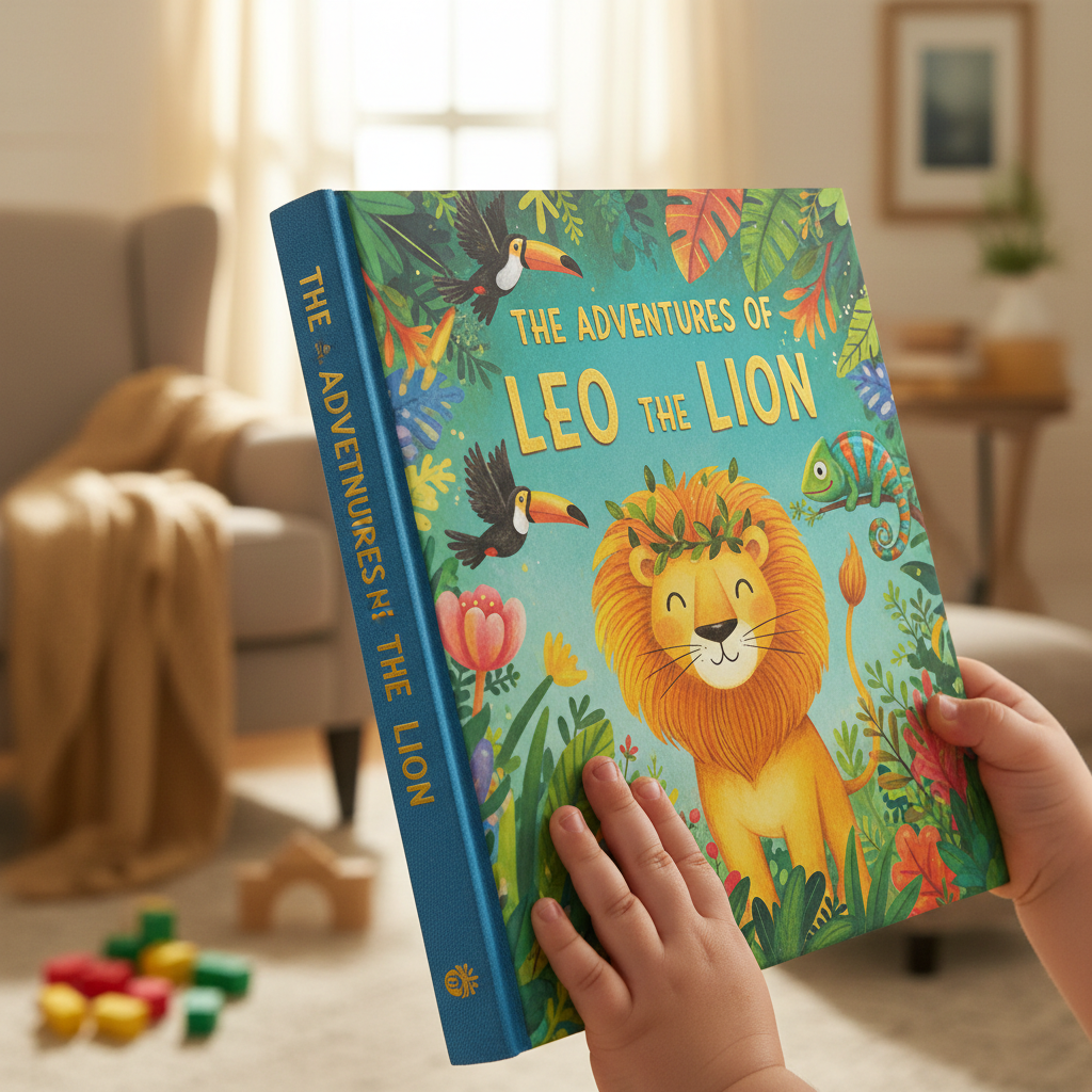 Child holding a hardcover book showing its spine and colorful cover art