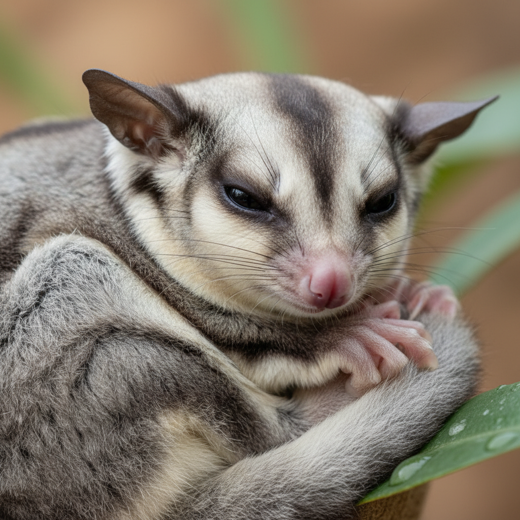 Older sugar glider resting peacefully in a fleece hammock, eyes half-closed in contentment