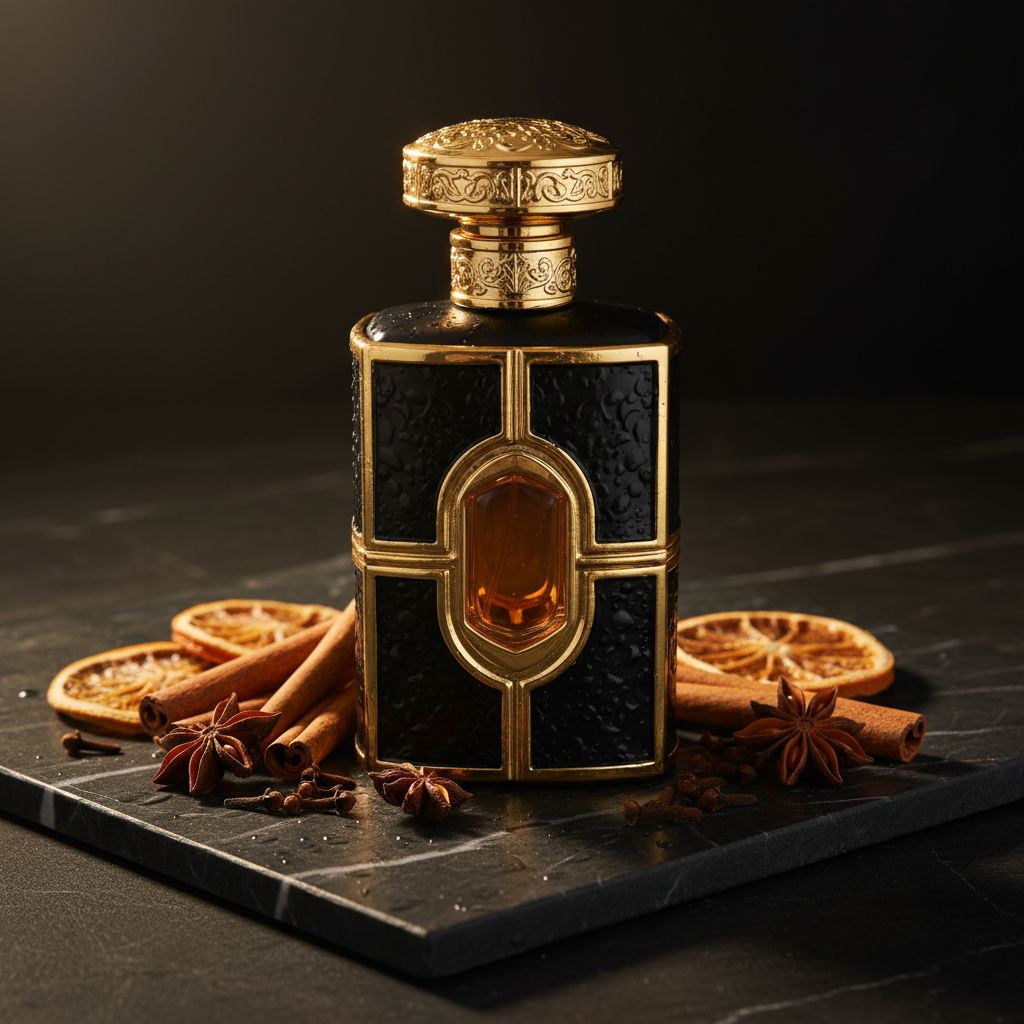 Dark amber perfume bottle set with gold accents on black marble