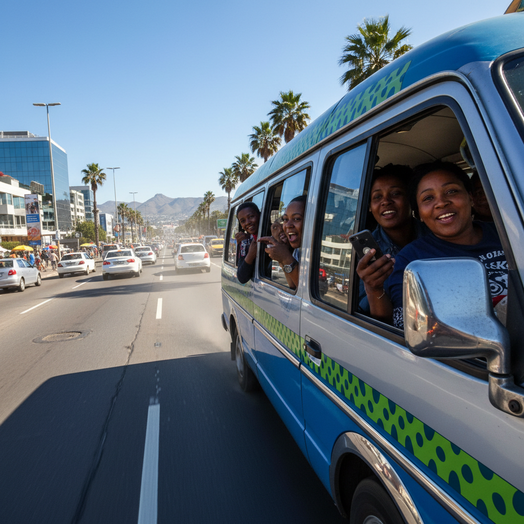 Professional driver in smart attire standing beside a clean white minibus in bright South African sunlight