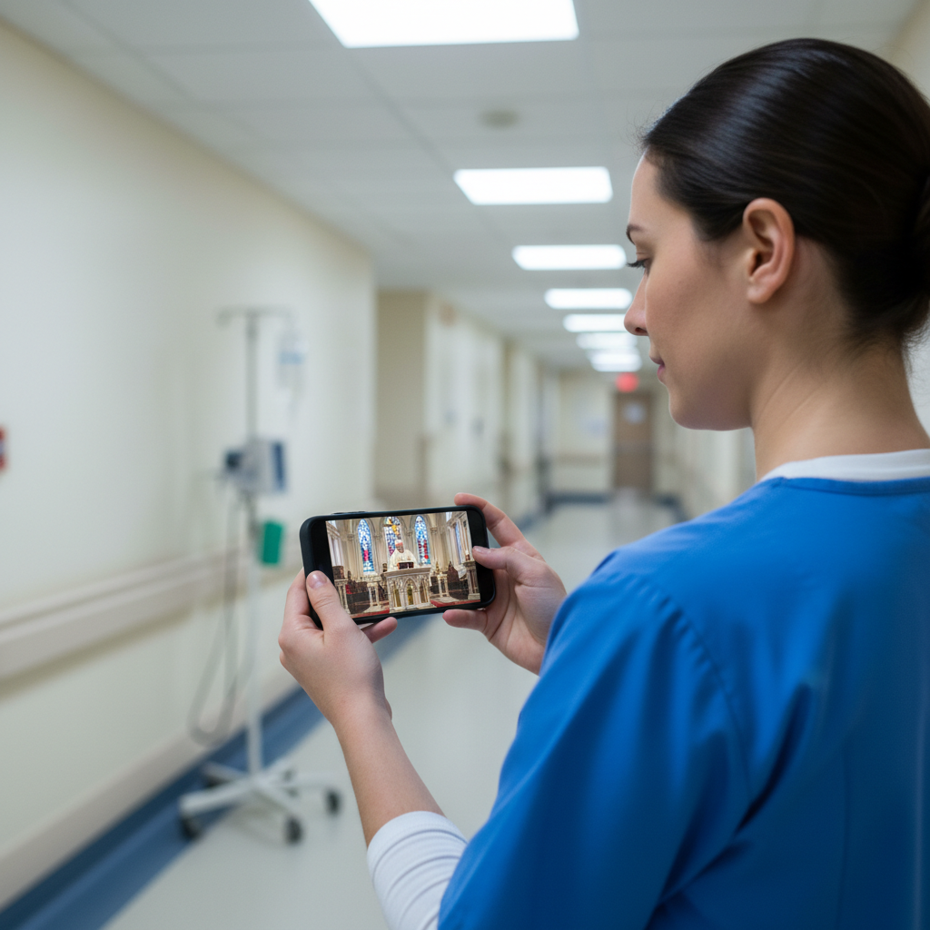 Nurse in scrubs holding a phone, watching church on break in a hospital corridor