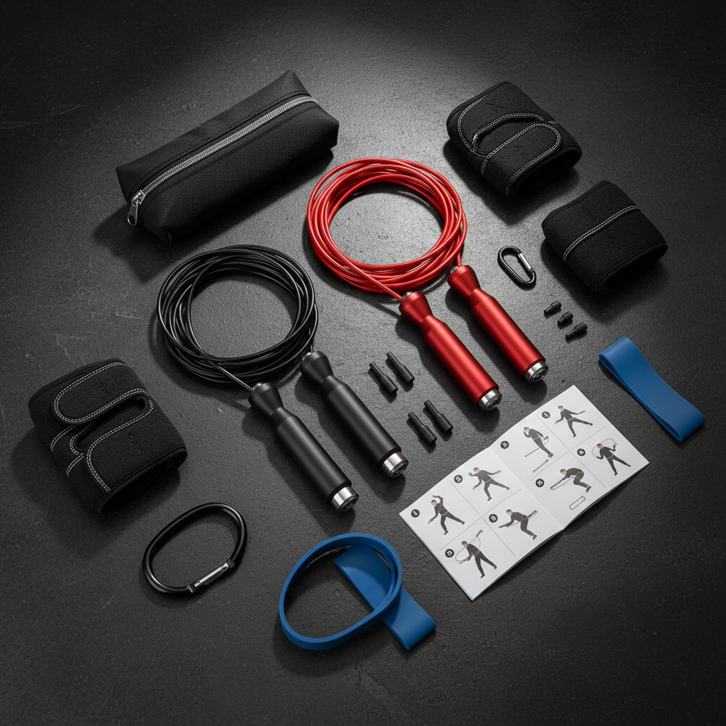 Complete jump rope training kit laid out flat on dark surface, all accessories visible
