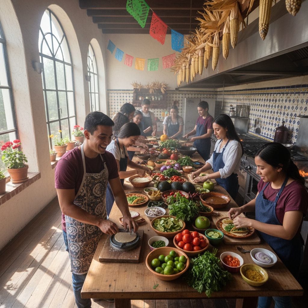 Rustic Peruvian cooking class with students around a wooden table in a warm kitchen