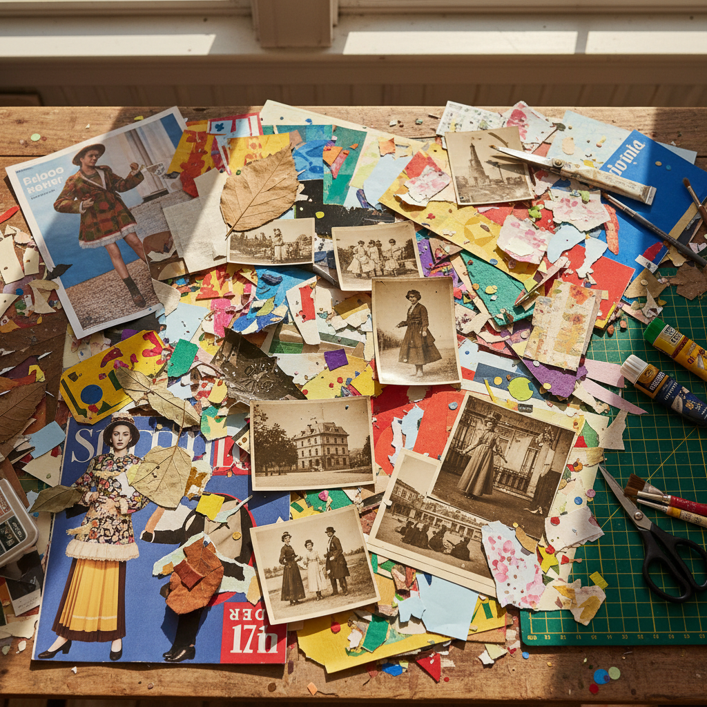 Colorful collage materials including torn magazine pages and vintage photographs spread on table