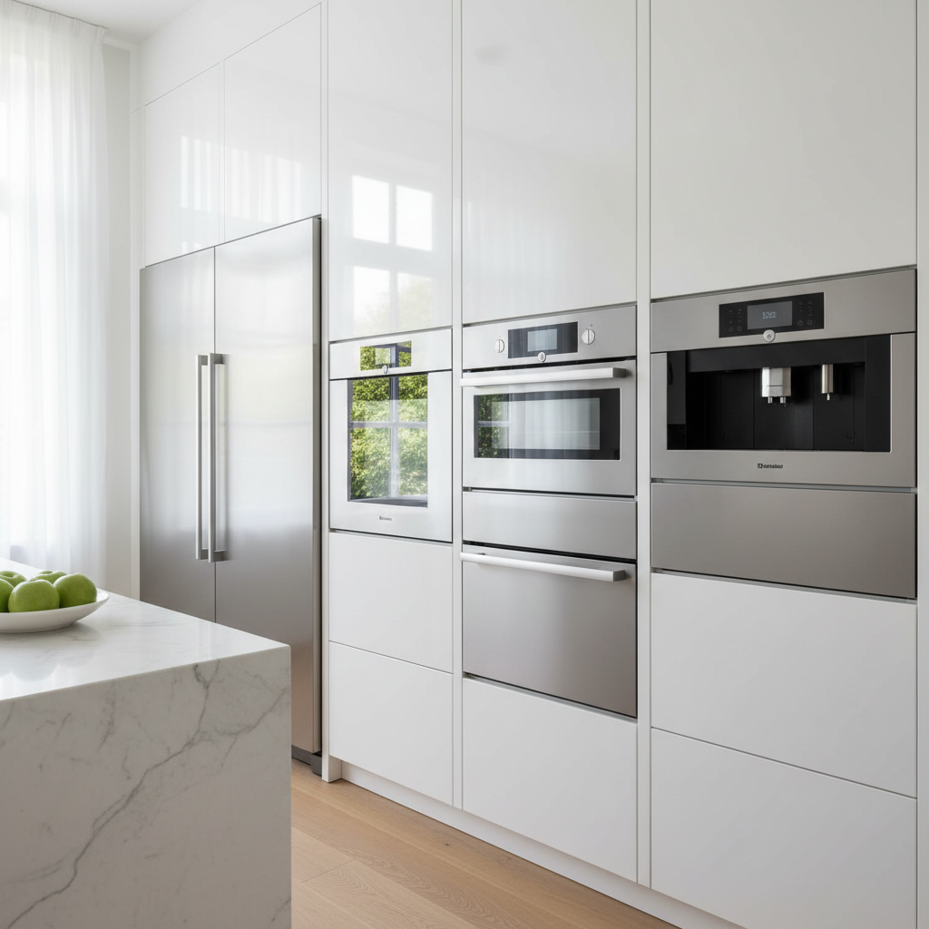 Modern white kitchen with marble countertops, stainless steel appliances, pendant lighting, open layout