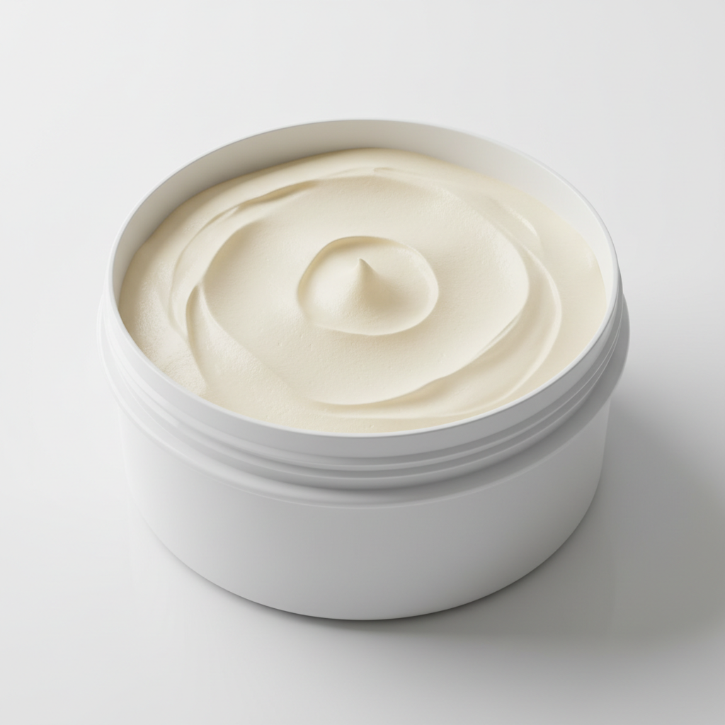 White cream jar with minimal Korean label on soft cream background, dewy texture product shot
