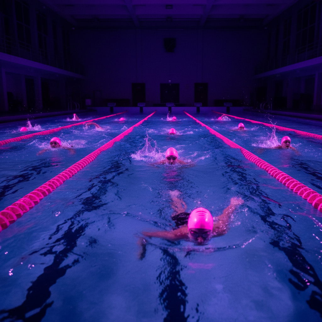 Swimmers racing under blacklight with glowing swimcaps and lane ropes in magenta