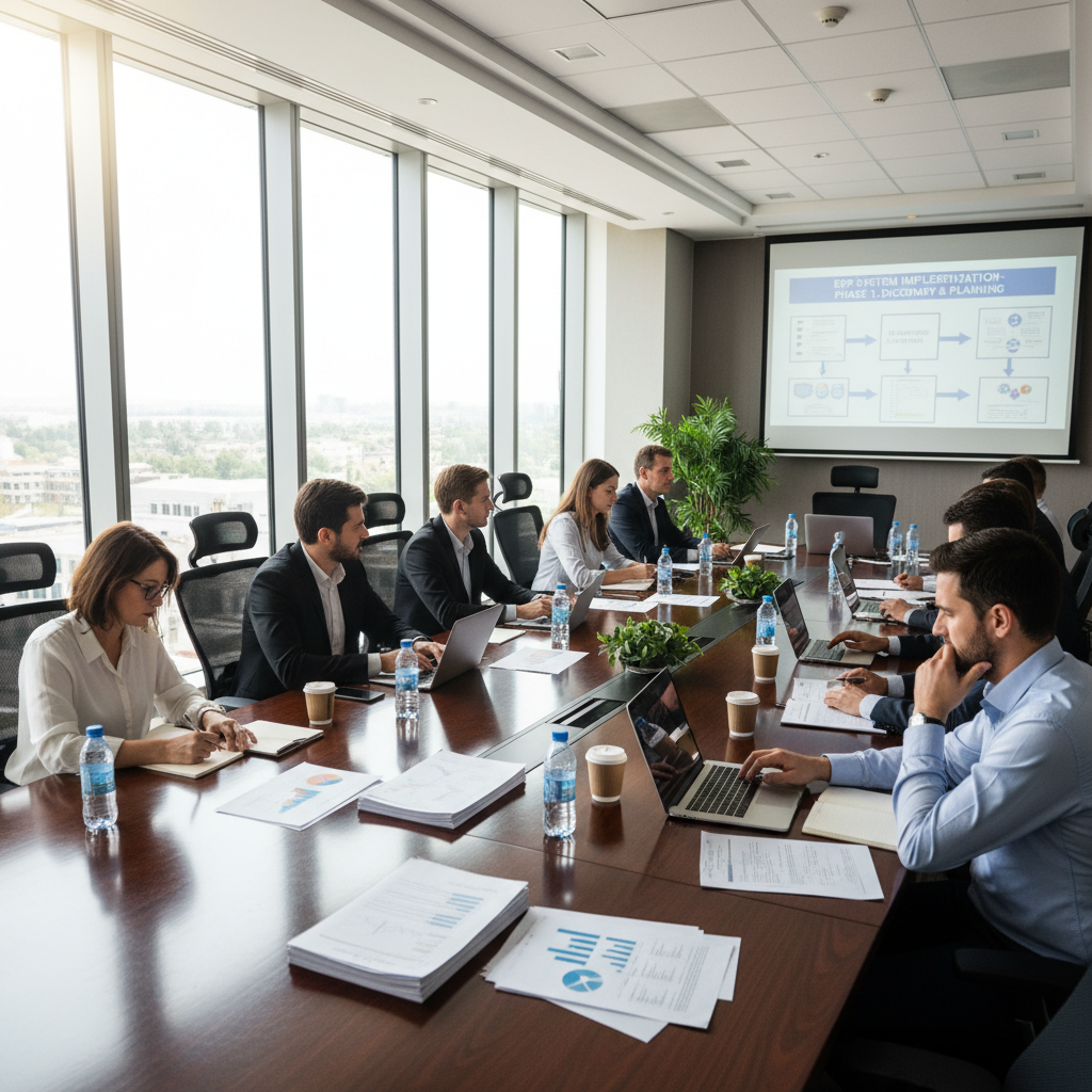 Corporate conference setup with projector screen, theater seating, and presentation podium — bright professional meeting environment