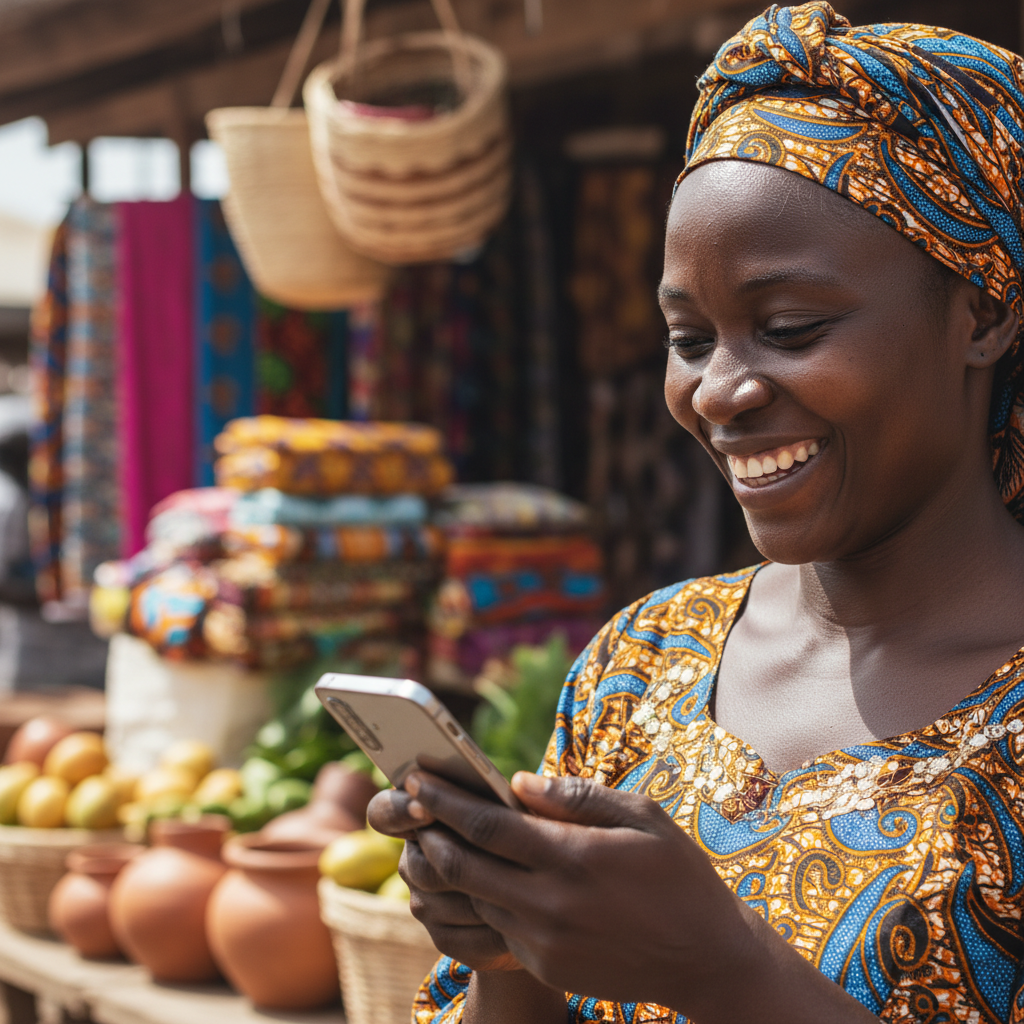 Commerçante sénégalaise utilisant son smartphone pour gérer sa boutique en ligne, environnement de marché coloré et animé