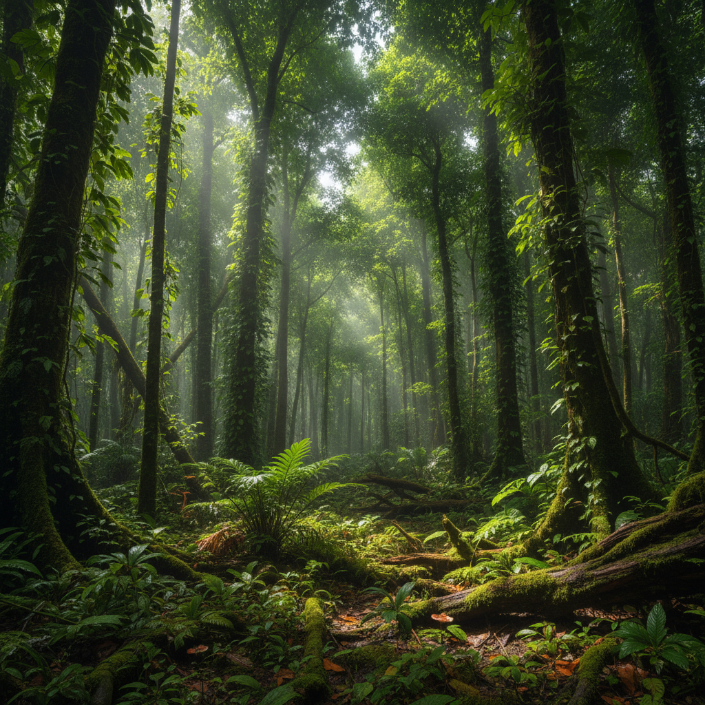 Dense tropical forest with thick tree trunks, shafts of sunlight through misty green canopy, deep shadows and rich undergrowth