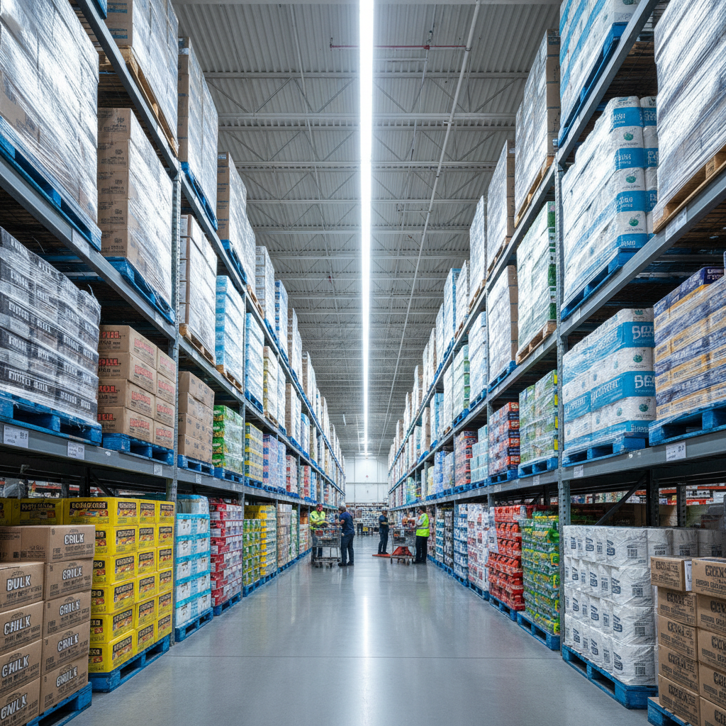 Wholesale food distribution warehouse interior with shelves