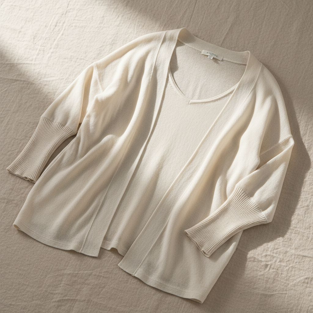 Folded grey cardigan on a white surface, soft overhead lighting, minimal styling