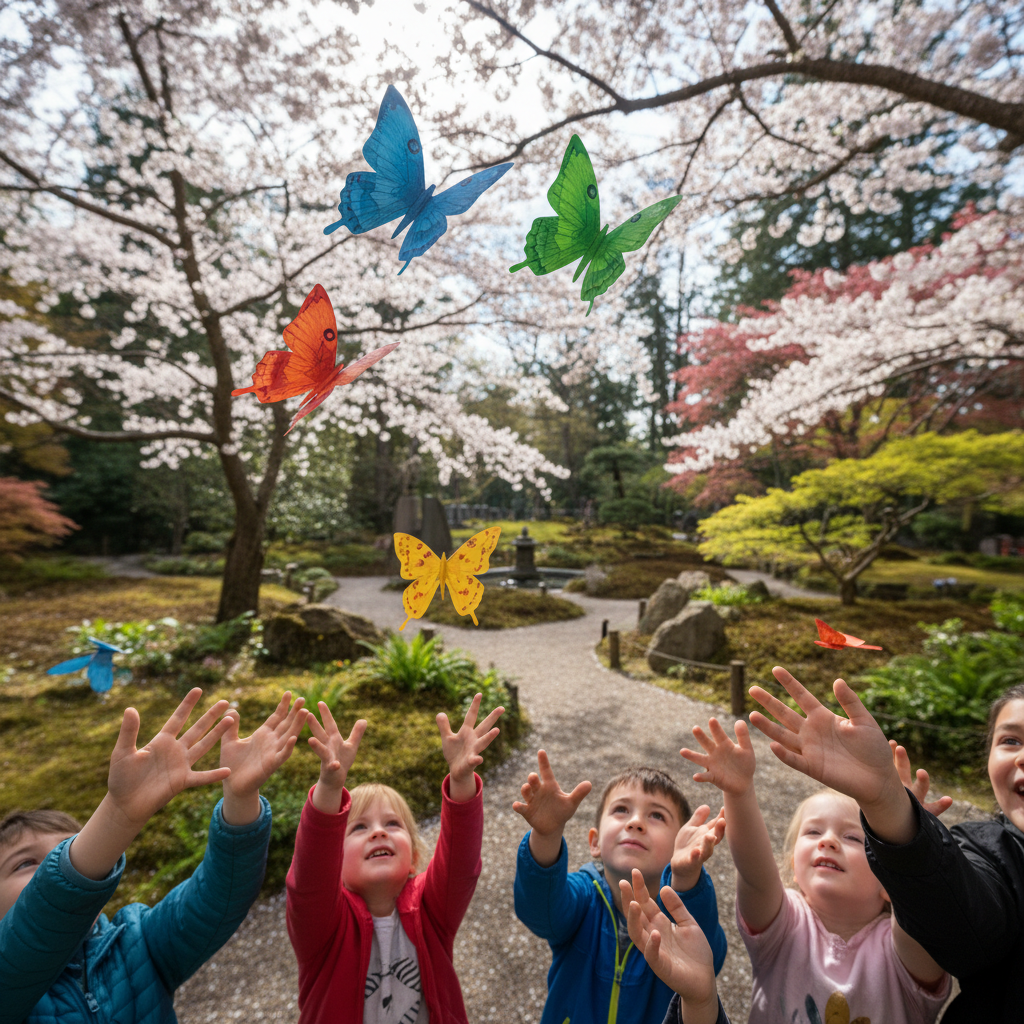 Children releasing paper butterflies at the memorial garden ceremony