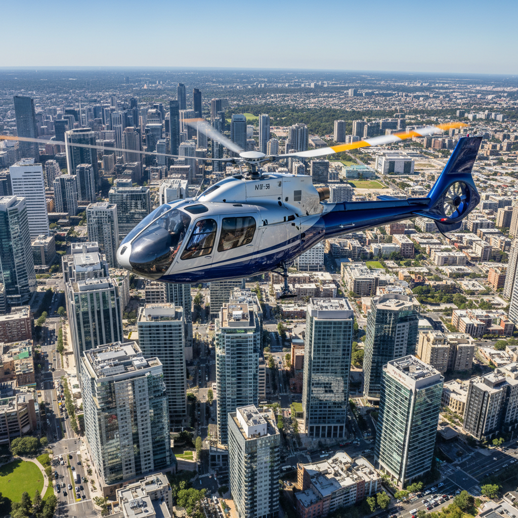 Airbus H130 helicopter in flight over city skyline, executive configuration